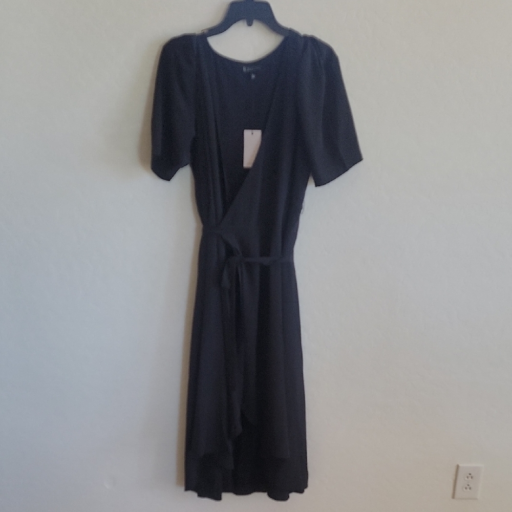 Bobeau Black Wrap Dress Puff Sleeves V-Neck
